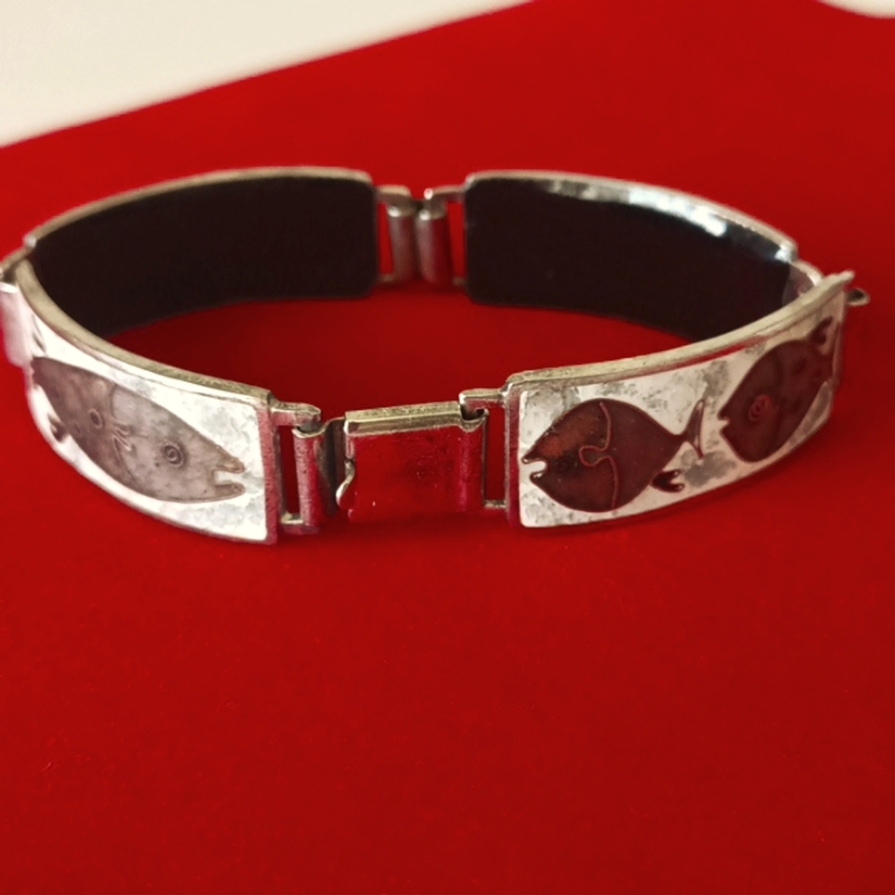 Perli Werkstatte Germany 1950s Enamel Copper/Sterling Link Fish Bracelet Marked - Picture 4 of 9
